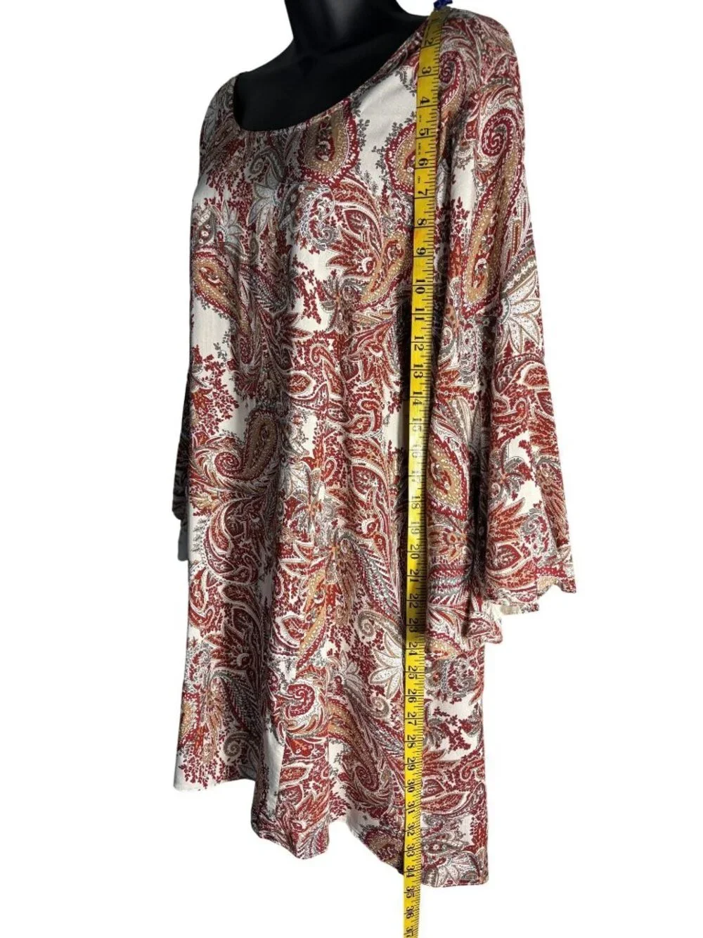 Paisley Print Bell Sleeve Tunic Top Open Back & Criss-Cross Detail Boho Style - Picture 3 of 10